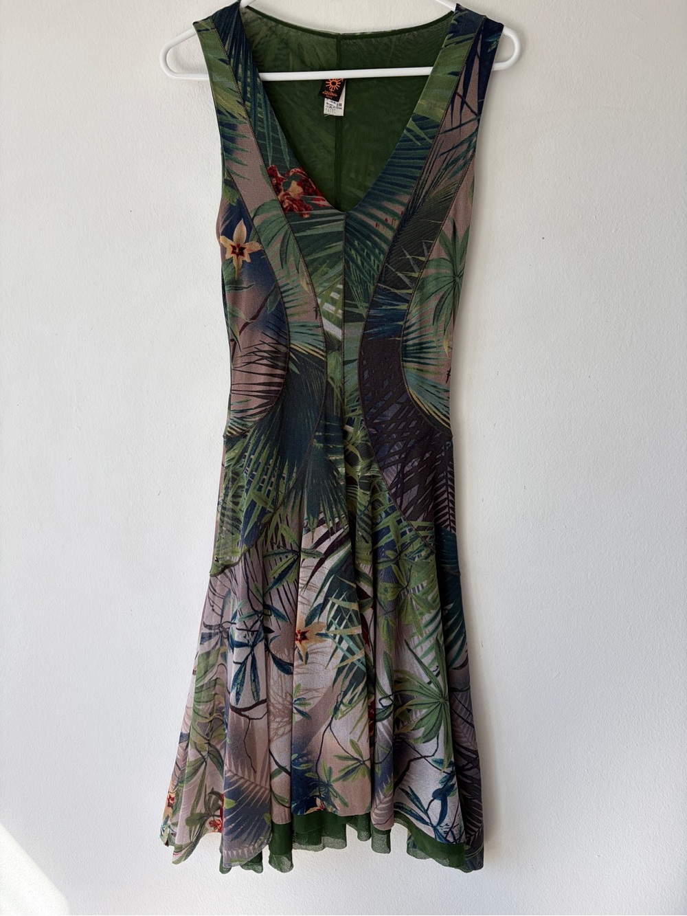 Vintage Jean Paul Gaultier SS 2009 Tropical Palm Mesh V Neck Midi Dress Green